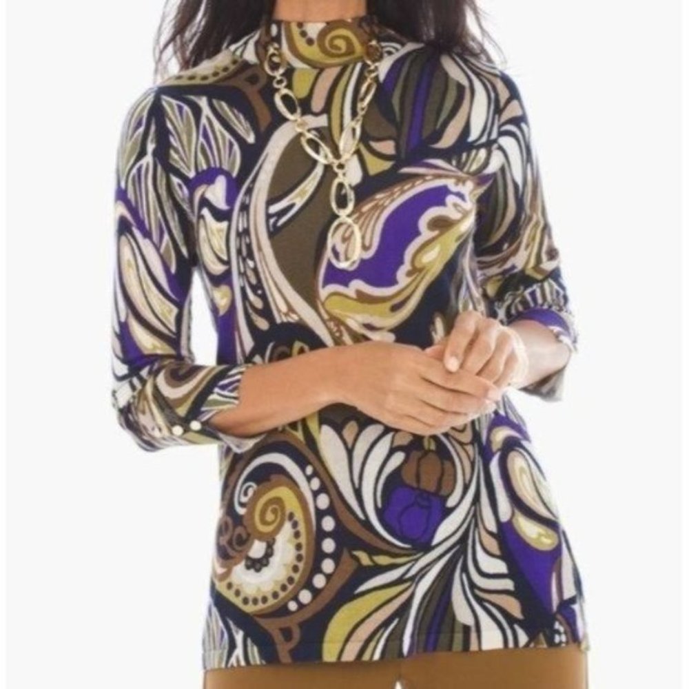 Chico's Wanda Pullover Paisley Print Sweater M Medium High Neck Knit